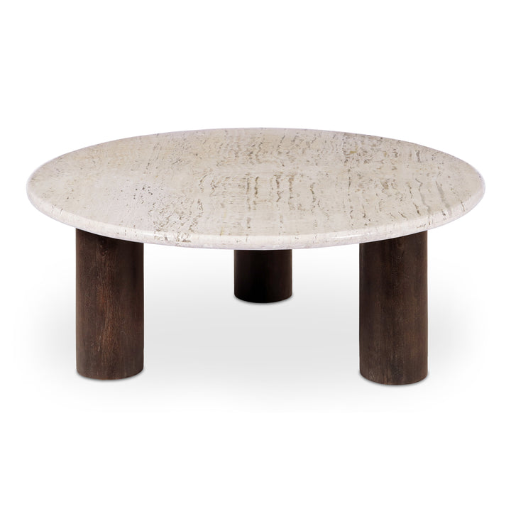 Elegant Travertine & Mango Wood Round Coffee Table