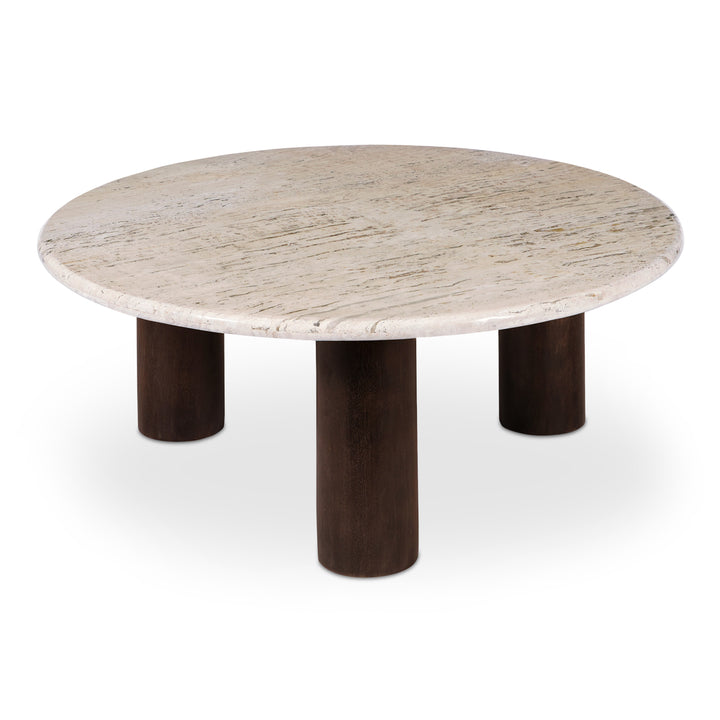 Elegant Travertine & Mango Wood Round Coffee Table