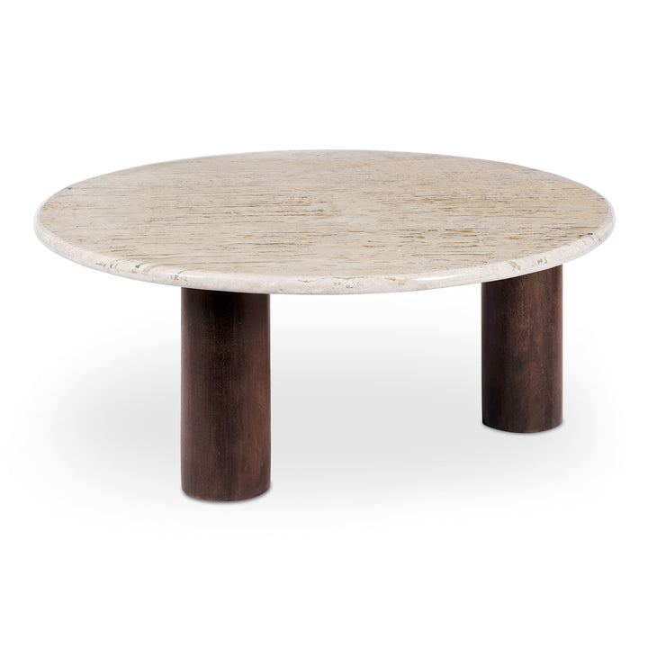Elegant Travertine & Mango Wood Round Coffee Table