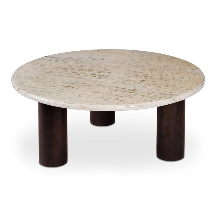 Elegant Travertine & Mango Wood Round Coffee Table