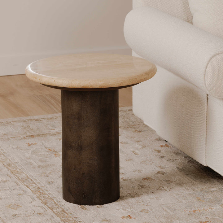Artisanal Travertine & Mango Wood Round Side Table