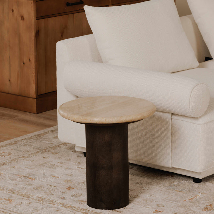 Artisanal Travertine & Mango Wood Round Side Table