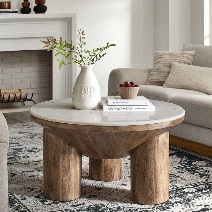 Chic Round Marble and Mango Wood Coffee Table by Modway