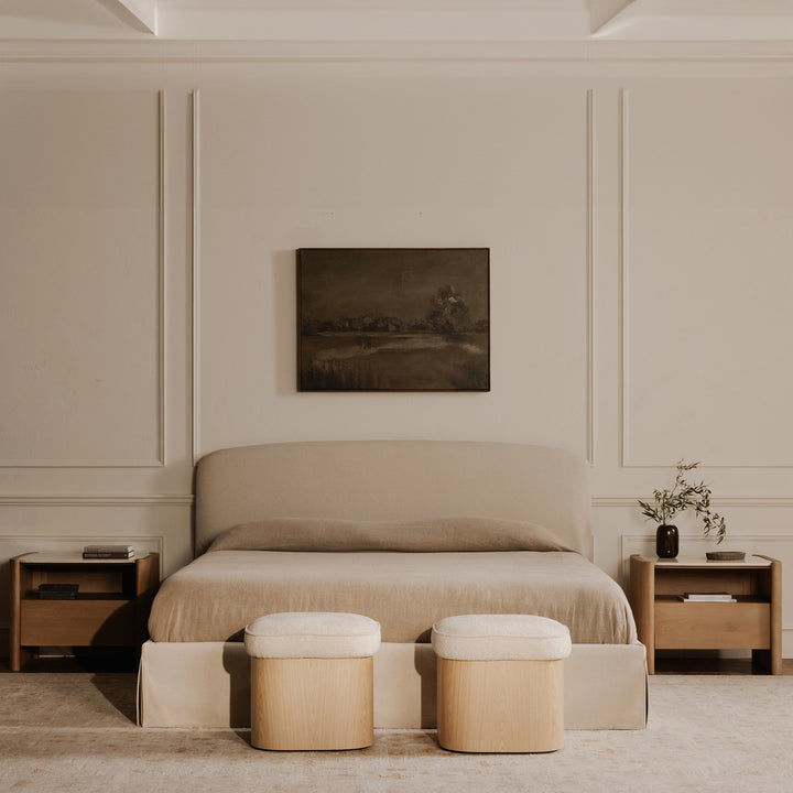 Elegant Ash Veneer Hidden Storage Stool in Oatmeal Fabric