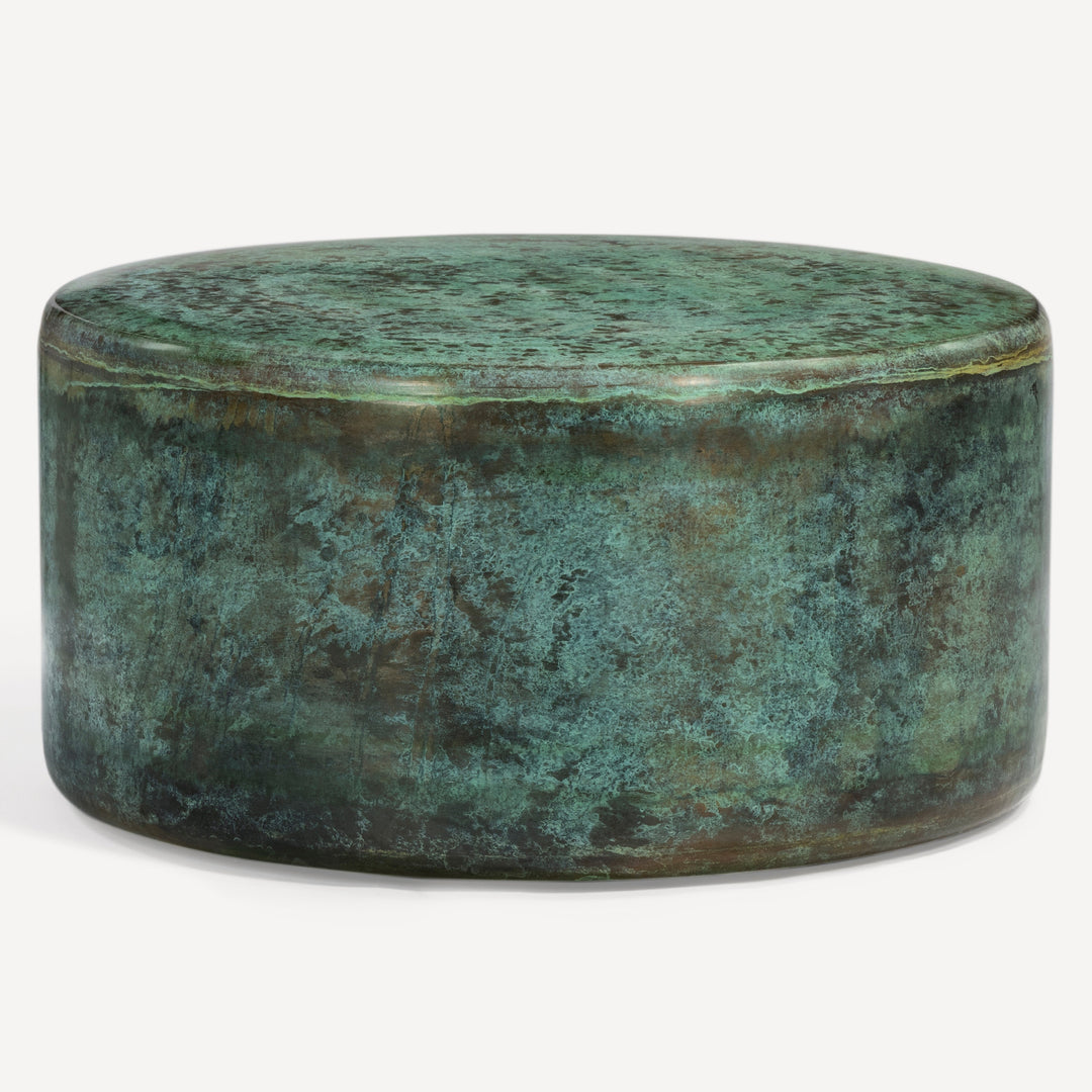 Aged-Metal Drum Side Table with Unique Patina Finish