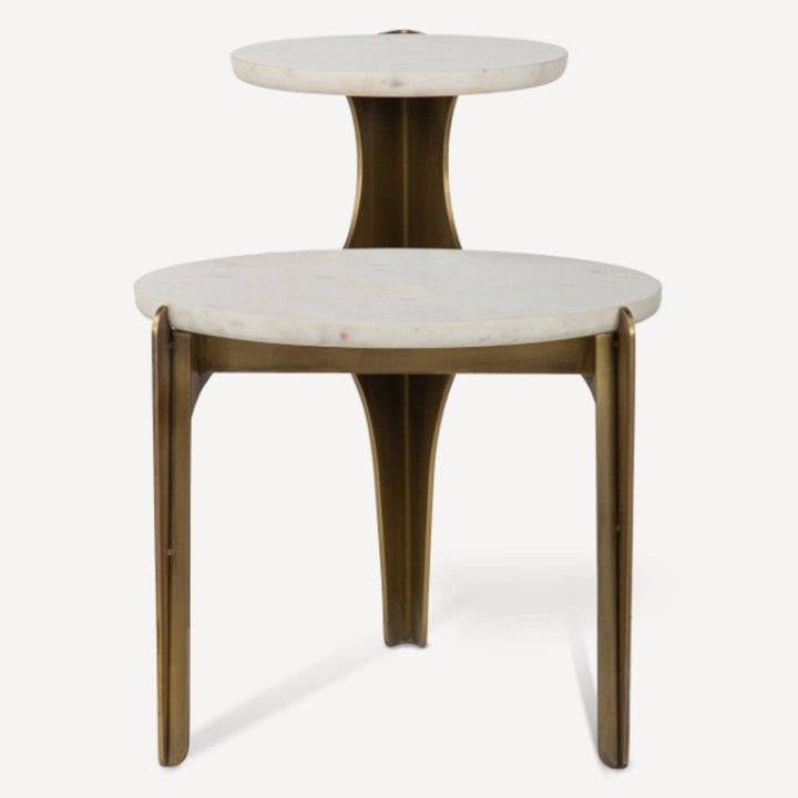 Sculptural Antique Brass Marble Side Table Duo