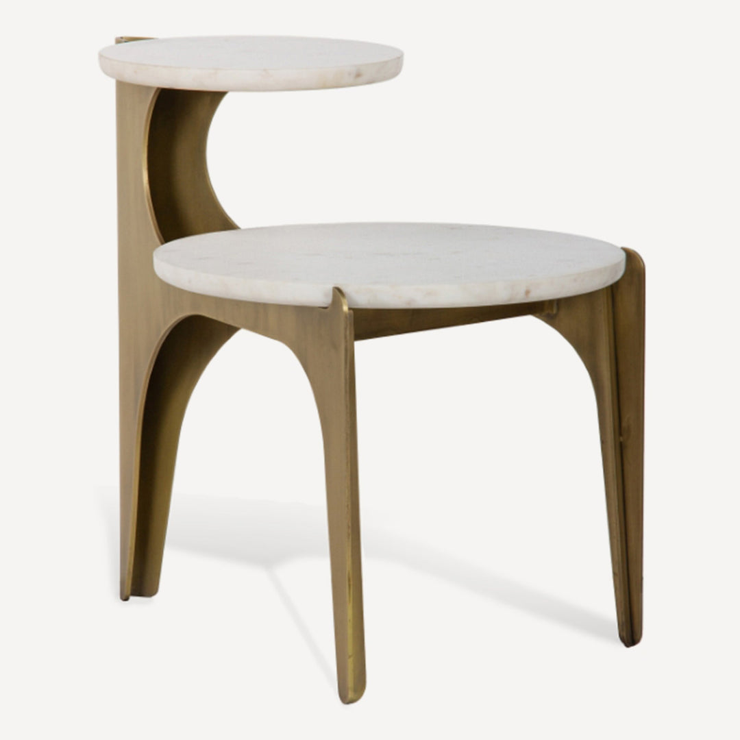 Sculptural Antique Brass Marble Side Table Duo