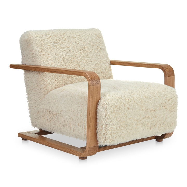 Timeless Vintage Oak Lounge Chair with Plush Faux Shearling