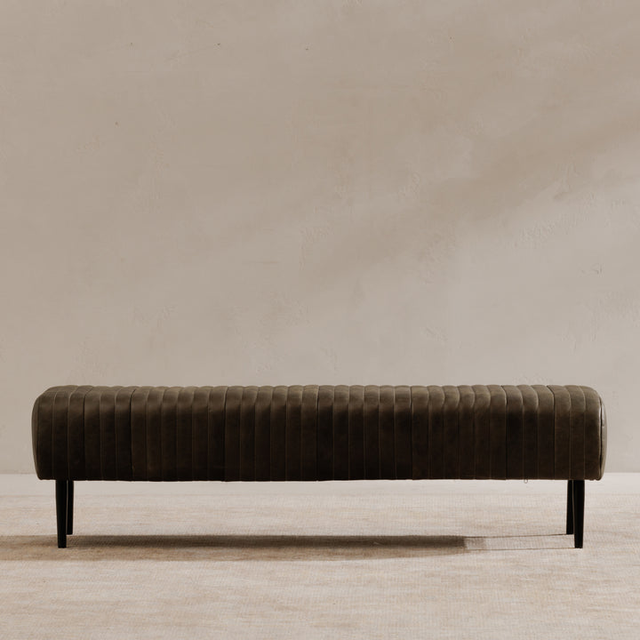 Timeless Ribbed Leather Bench with Brass Accents