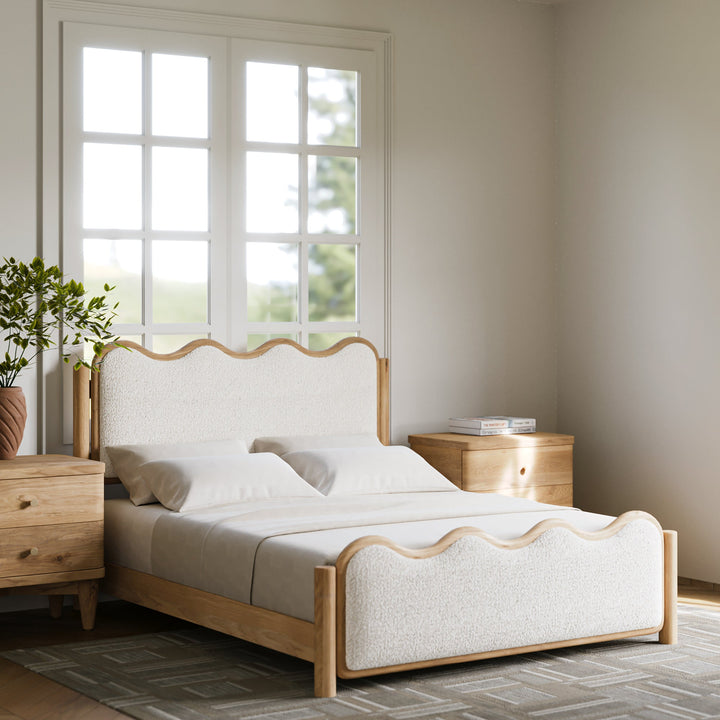 Whimsical Wave Queen Bed - Eco-friendly Oak & Bouclé