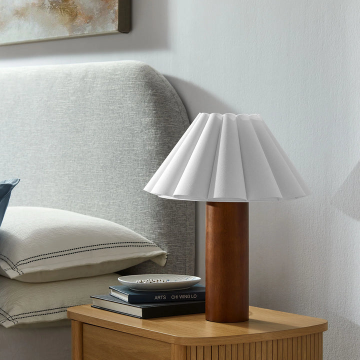 Fiona Wood Table Lamp With Pleated Petal Shade in Walnut