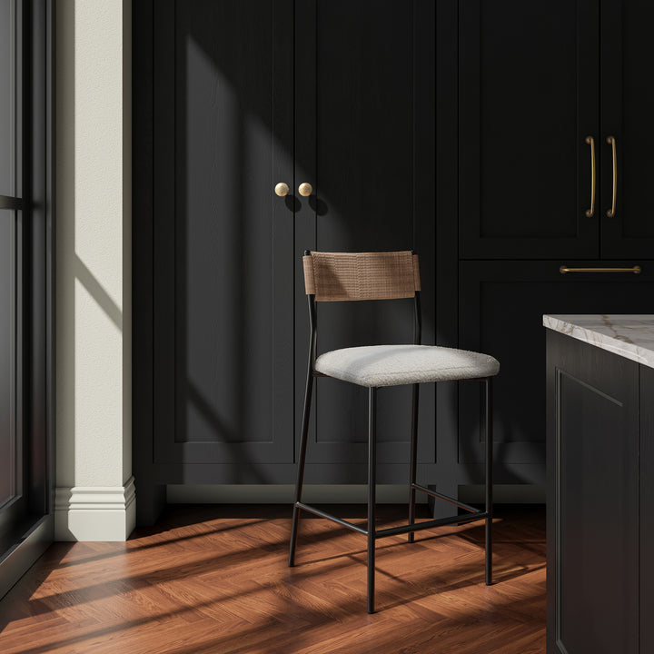 Modern Rustic Counter Stool with Bouclé Seat