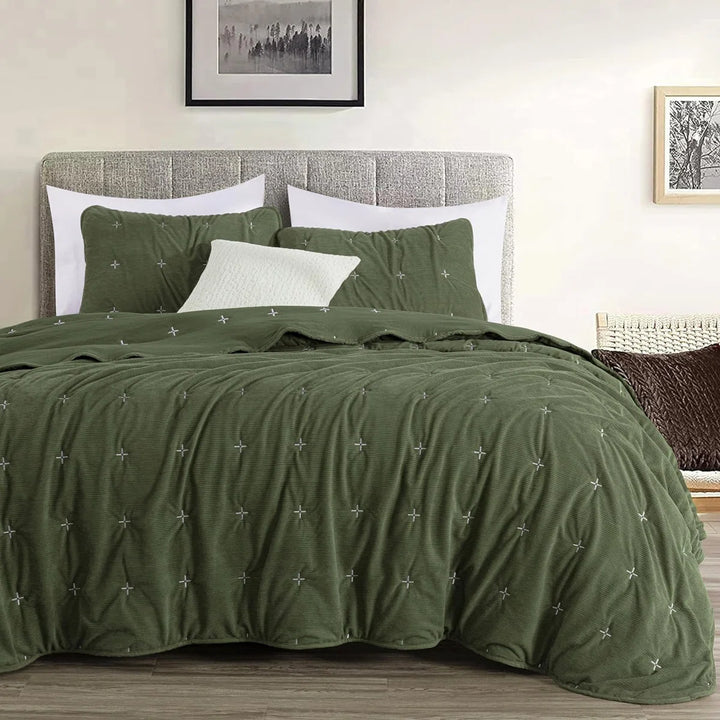 Corduroy Polyester Cross Stitch King Quilt Set By Chezmoi Collection