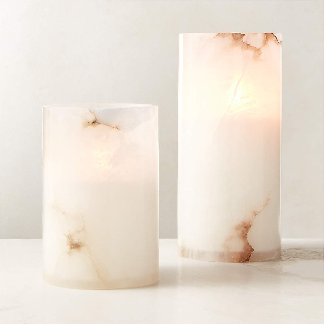Poe White Alabaster Pillar Candle Holders Set of 2