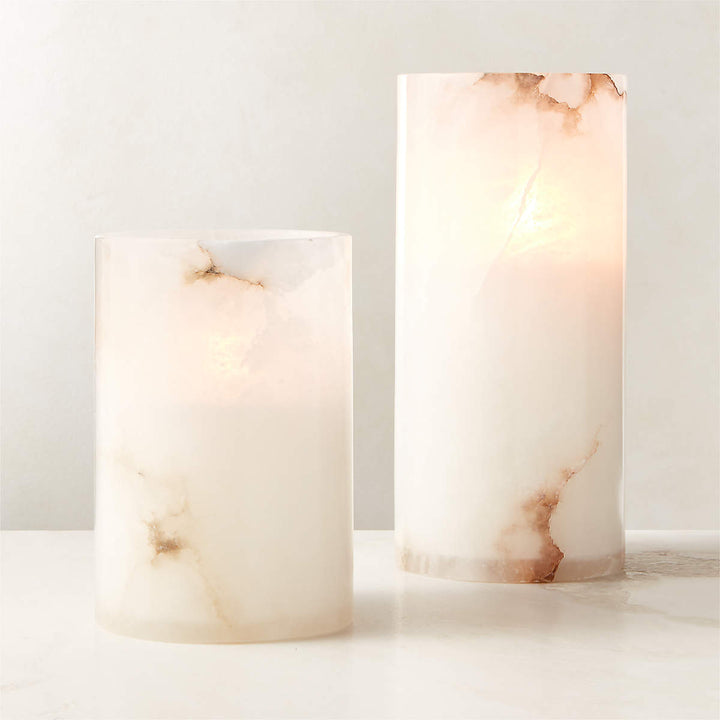 Poe White Alabaster Pillar Candle Holders Set of 2