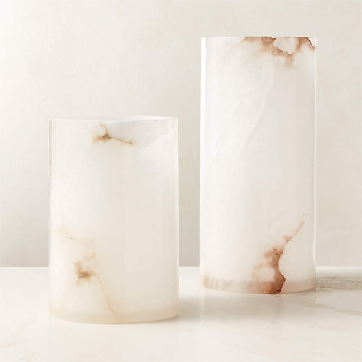 Poe White Alabaster Pillar Candle Holders Set of 2