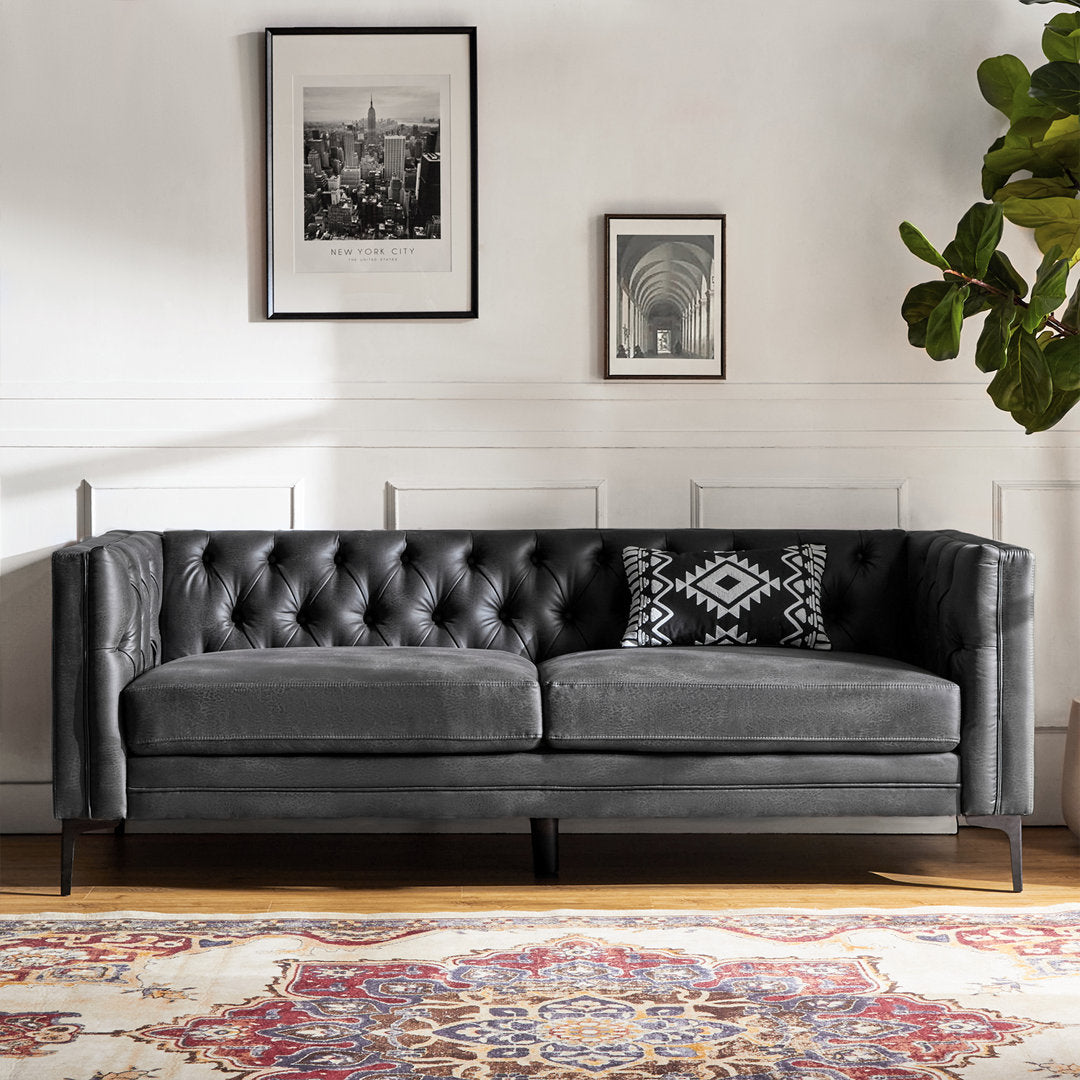 Brinna Contemporary 84" Upholstered Button-tufted Sofa with Metal Legs Wade Logan® Fabric: Charcoal Polyester