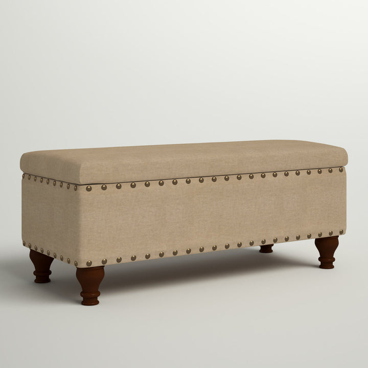 Collantes Upholstered Storage Bench Alcott Hill® Upholstery: Tan/Brushed Brass Nailhead