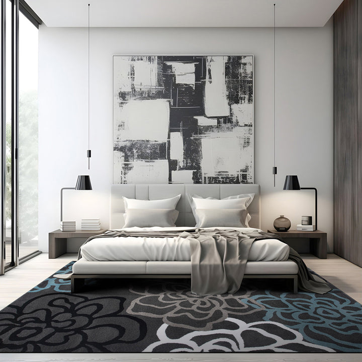 Carius Performance Floral Gray/Blue/Black/White Area Rug Winston Porter Rug Size: Rectangle 6'6" x 9'