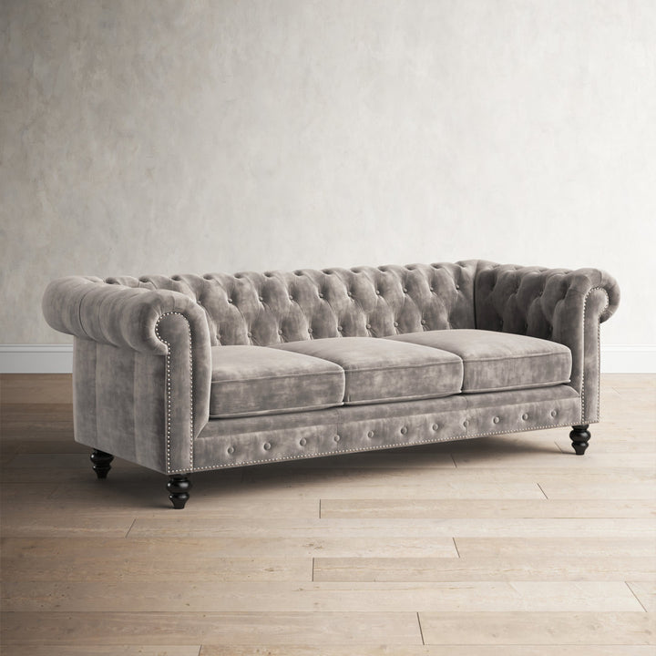 Ophelie 87" Rolled Arm Chesterfield Sofa Birch Lane™ Fabric: Smoke Grey Velvet