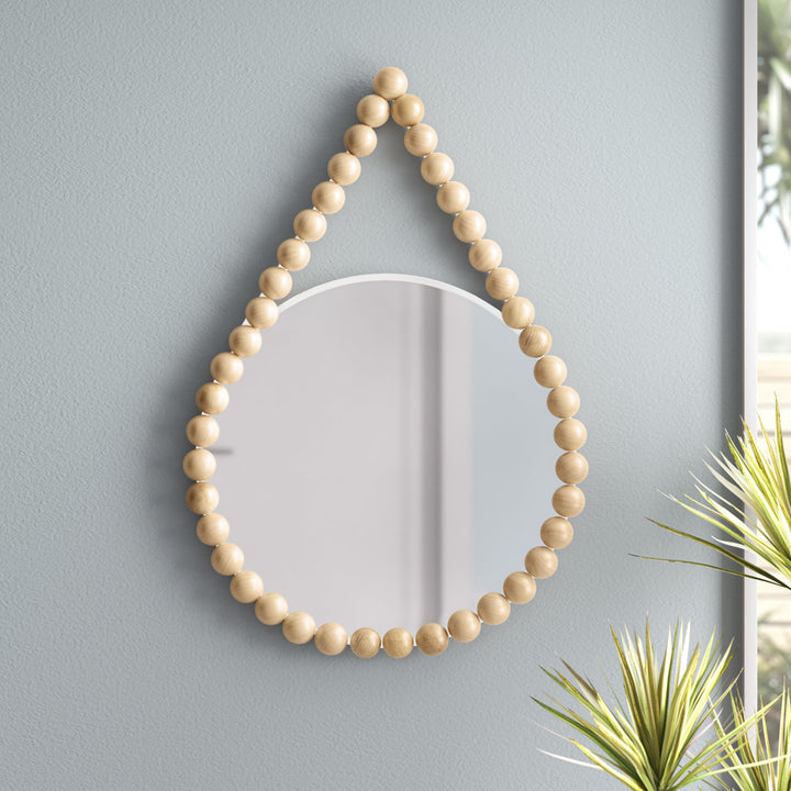 36" Beaded Round Mirror Contemporary Boho Coastal White and Natural Hanging Wooden Wall Mirror Decor Mistana™ Teen