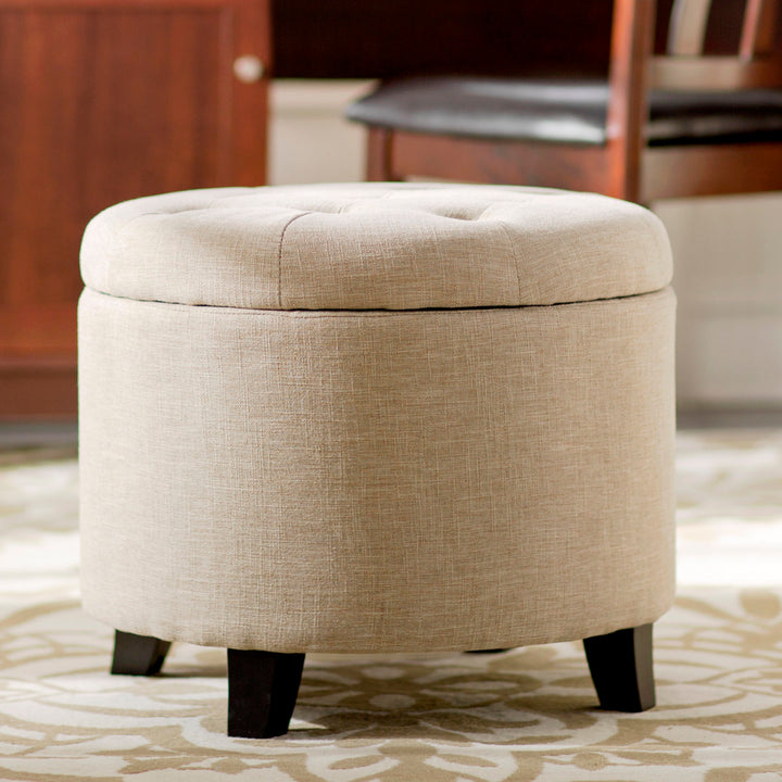 Avers 19.75" Wide Tufted Round Storage Ottoman Andover Mills™ Fabric: Tan Fabric