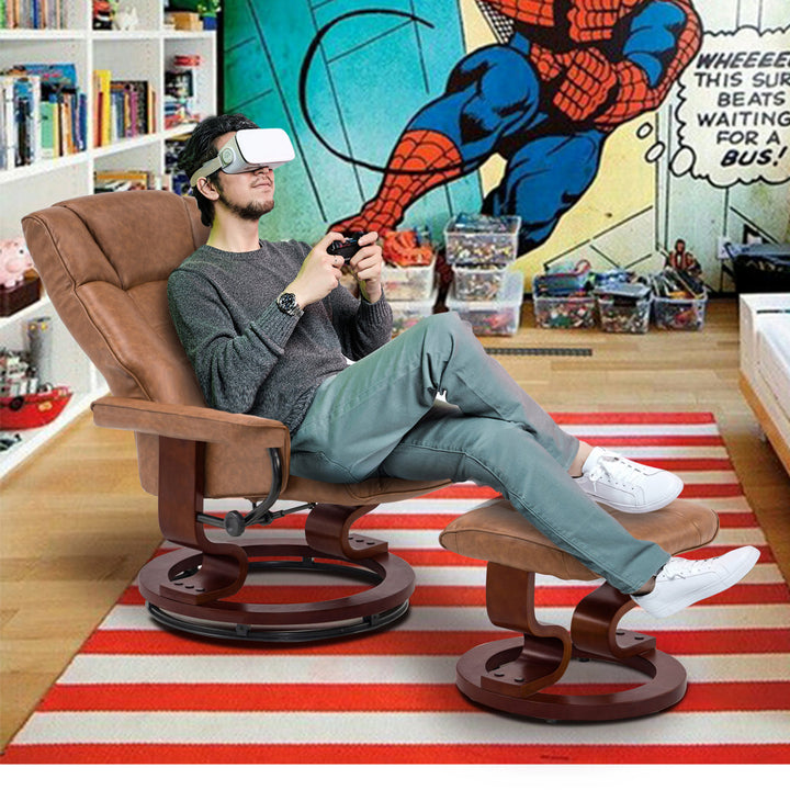 Padang Sidempuan Swivel Recliner, Multi-Position Leisure Chair with Ottoman and Adjustable Back, Faux Leather Corrigan Studio® Fabric: Saddle Faux Leather