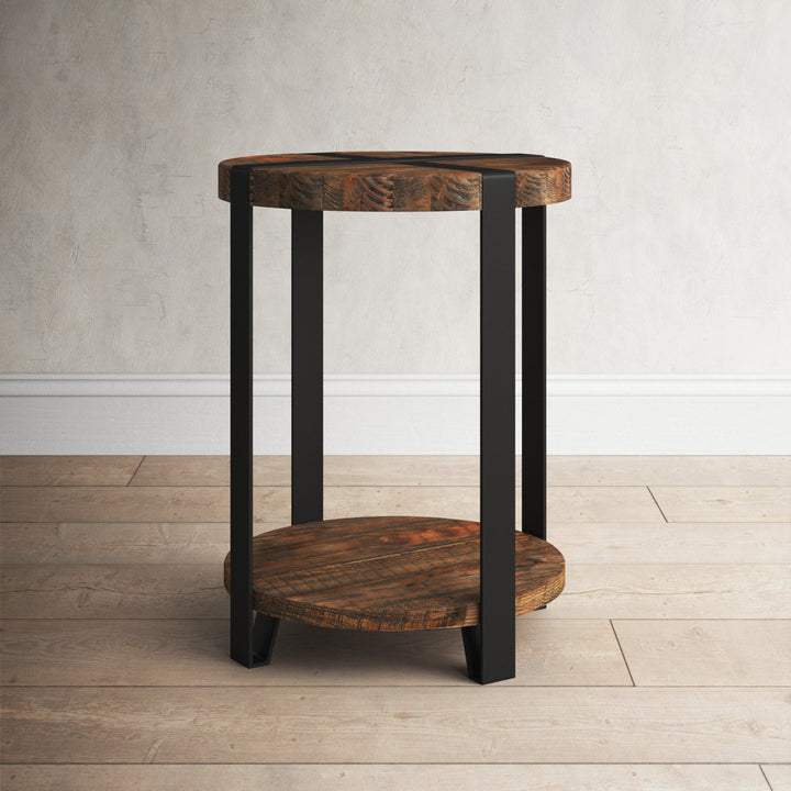 Lora 20" Dia Rustic Industrial Solid Wood and Metal Round End Table With 1 Shelf Birch Lane™