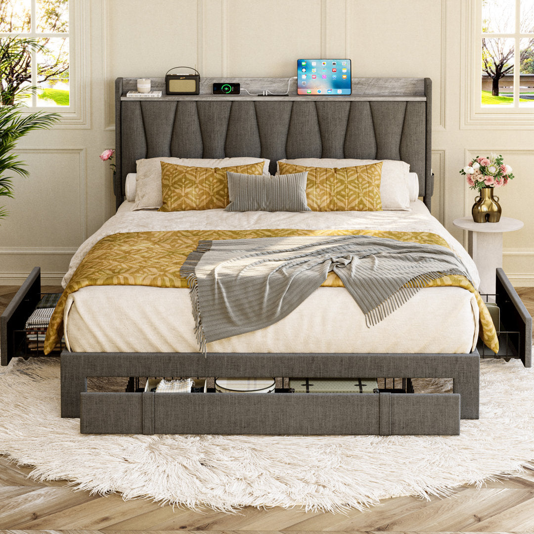 Upholstered Bed Frame with 3 Drawers, Bed with Storage Headboard and Charging Station Ivy Bronx Color: Gray Size: Queen