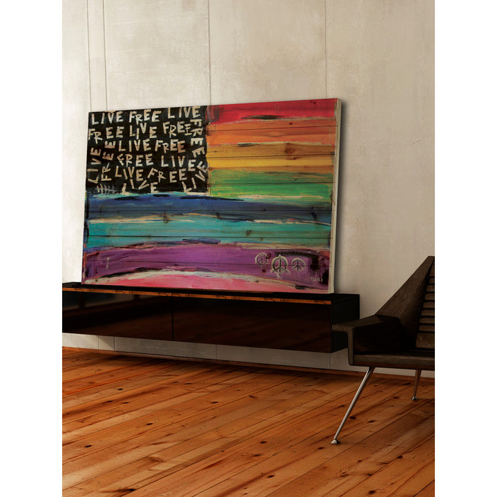 'Live Free Rainbow Flag' Painting Print on Natural Pine Wood Ebern Designs Size: 40" H x 60" W