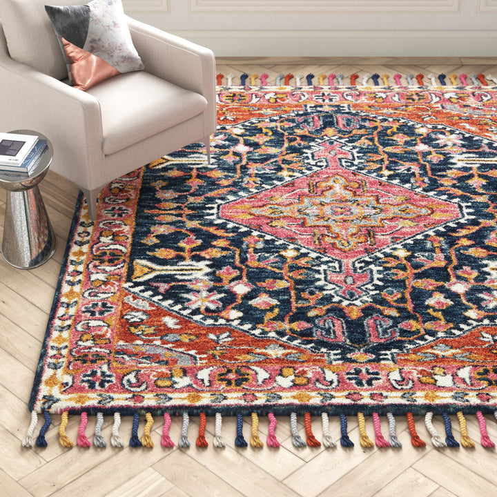 Carroll Oriental Hand Hooked Wool Navy/Orange/Gray Area Rug Joss & Main Rug Size: Rectangle 7'9" x 9'9"