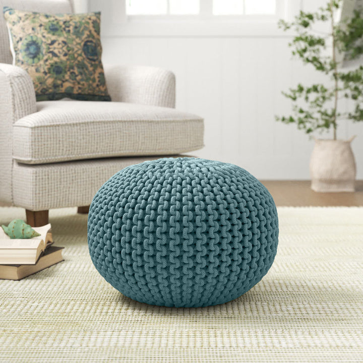 Anely 20" Wide Round Pouf Ottoman Highland Dunes Body Fabric: Aqua Cotton