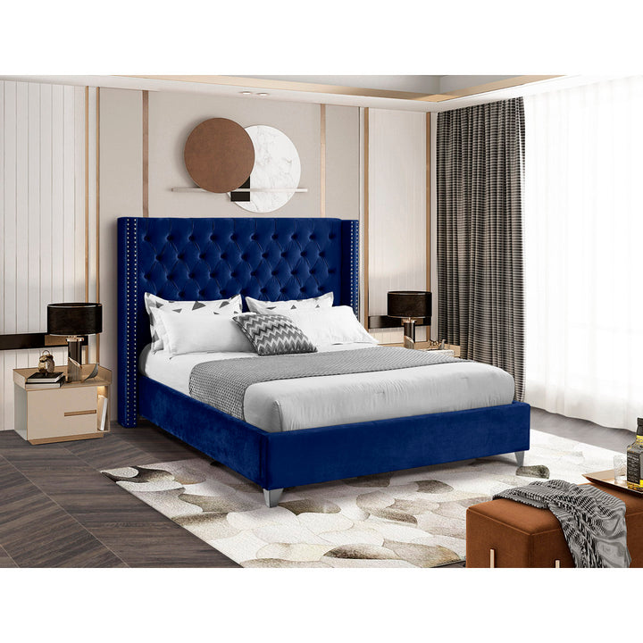 Joclynn Solid Wood Tufted Upholstered Low Profile Platform Bed Everly Quinn Color: Navy Velvet Size: Queen Nailhead Finish: Chrome