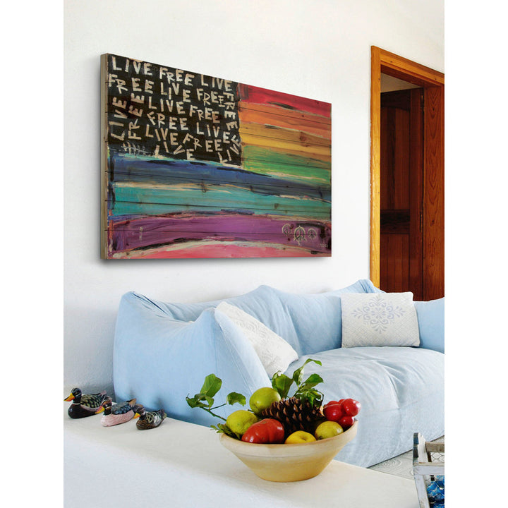 'Live Free Rainbow Flag' Painting Print on Natural Pine Wood Ebern Designs Size: 40" H x 60" W