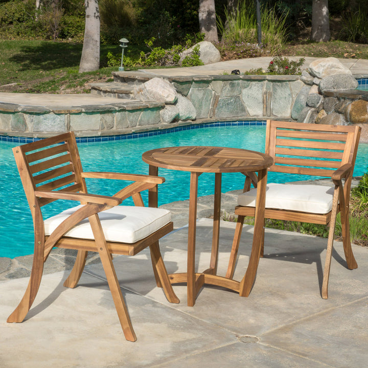 Round 2 - Person 28" Long Bistro Set with Cushions Red Barrel Studio® Frame Color/Cushion Color: Teak Frame/Cream Cushion