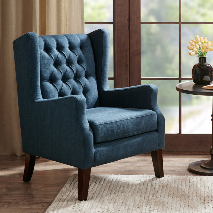 Allis Upholstered Button Tufted Wingback Chair Three Posts™ Upholstery Color: Navy Polyester Blend