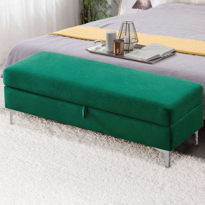 Taquarius 56" Velvet Upholstered Flip Top Storage Bench with Metal Legs Everly Quinn Color: Green