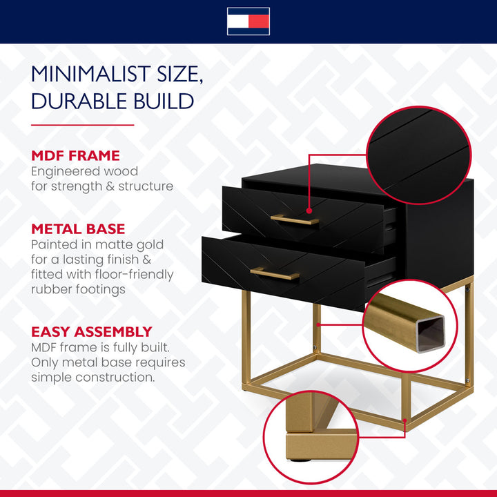 Tommy Hilfiger Ellias Modern Side Table Nightstand with 2 Drawers, Semi Gloss Black & Matte Gold Tommy Hilfiger