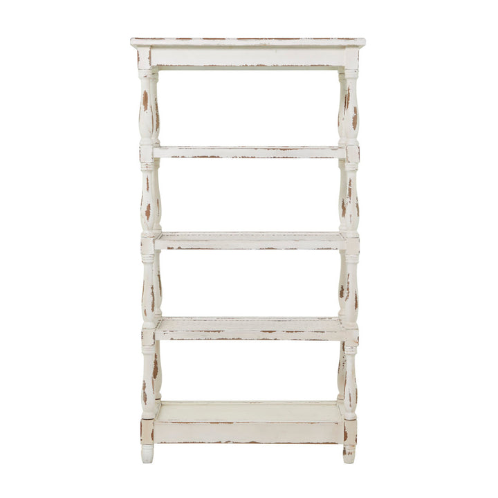 Adella White Wood Distressed Open 5 Shelf Shelving Unit with Spindle Sides and Mesh Kelly Clarkson Home