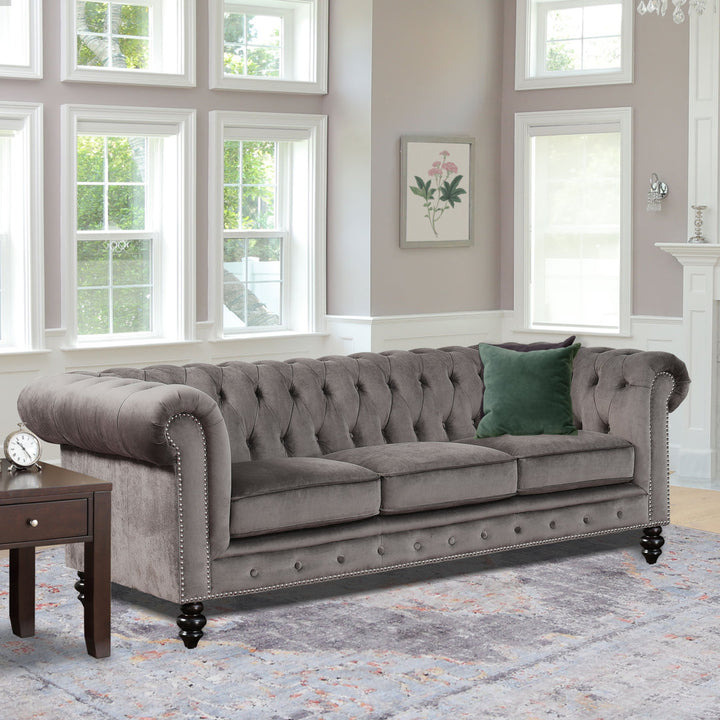 Ophelie 87" Rolled Arm Chesterfield Sofa Birch Lane™ Fabric: Smoke Grey Velvet