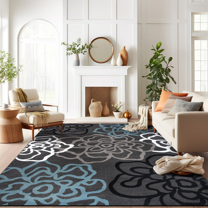 Carius Performance Floral Gray/Blue/Black/White Area Rug Winston Porter Rug Size: Rectangle 7'10" x 10'2"