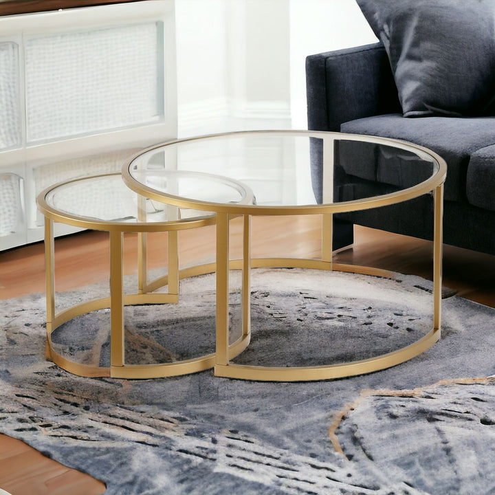 Kahoka 36" Glass And Steel Round Nested Coffee Tables Willa Arlo™ Interiors Table Base Color: Brass