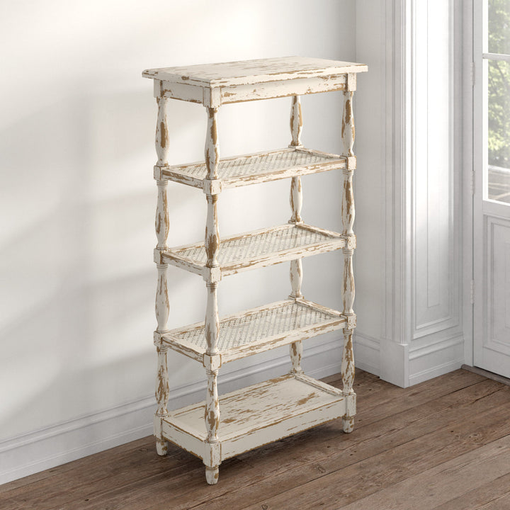 Adella White Wood Distressed Open 5 Shelf Shelving Unit with Spindle Sides and Mesh Kelly Clarkson Home