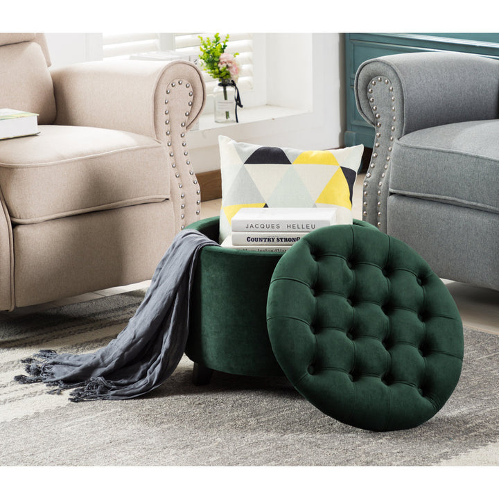Doud 20" Wide Velvet Tufted Round Storage Ottoman Willa Arlo™ Interiors Fabric: Green Velvet
