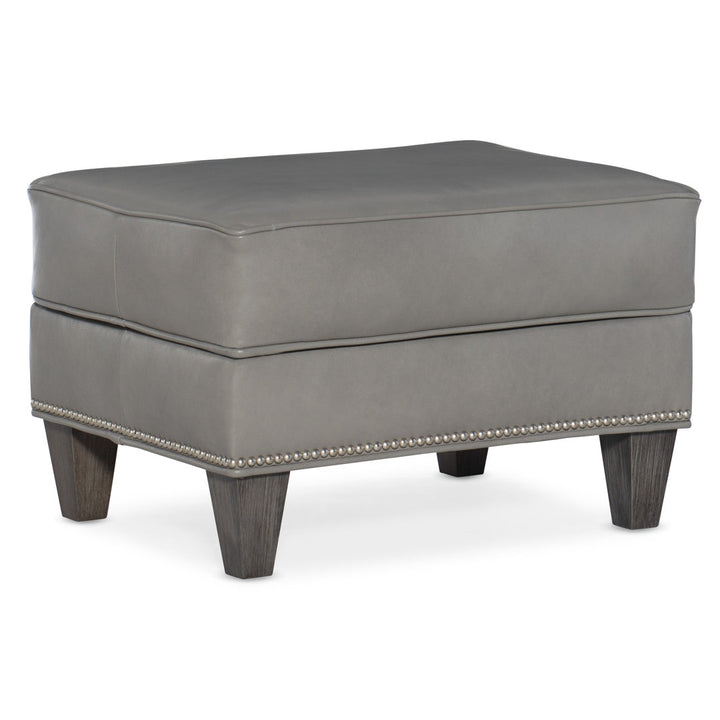 Davidson 25" Wide Genuine Leather Rectangle Standard Ottoman Bradington-Young Leg Color: Cobblestone Body Fabric: Aline Light Gray Stonewash Genuine Leather, Nailhead Detail: #9 French Natural