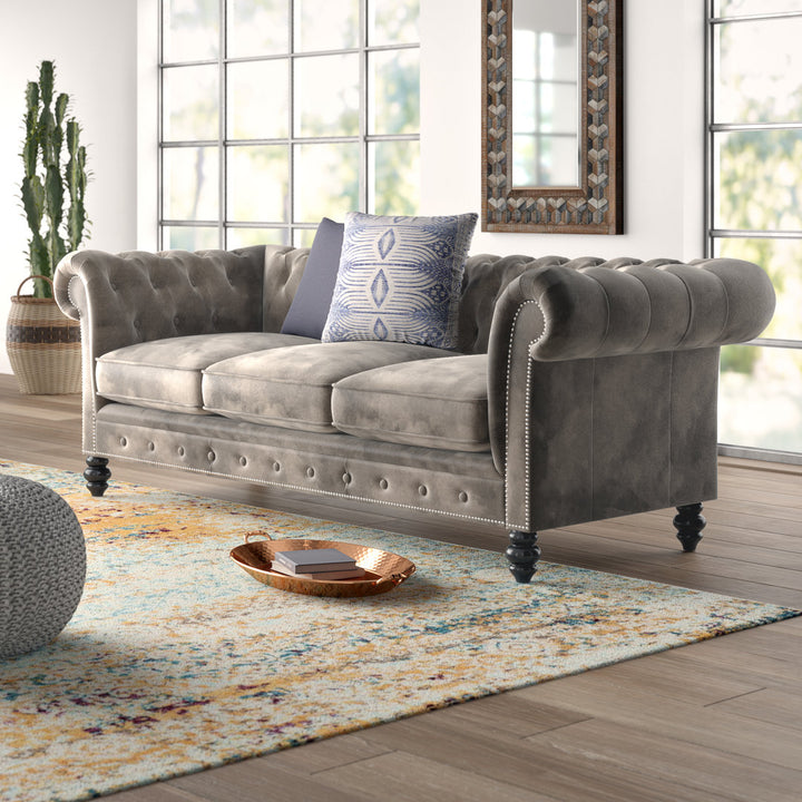 Ophelie 87" Rolled Arm Chesterfield Sofa Birch Lane™ Fabric: Smoke Grey Velvet