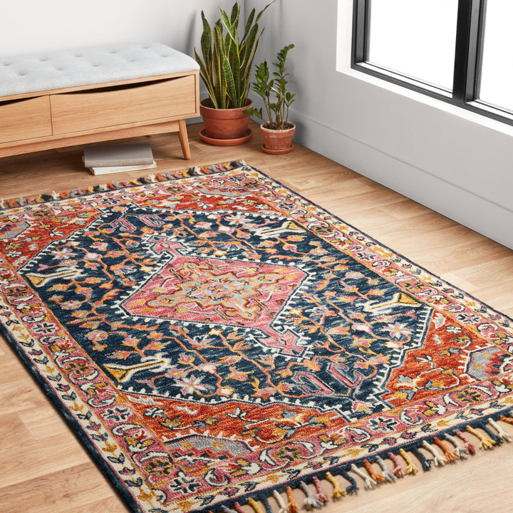 Carroll Oriental Hand Hooked Wool Navy/Orange/Gray Area Rug Joss & Main Rug Size: Rectangle 7'9" x 9'9"