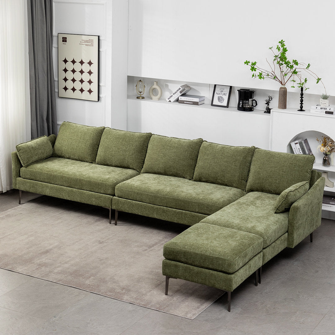 4 - Piece 137.4" Wide Chenille Reversible Modular Corner Sectional Latitude Run® Fabric: Green Foam