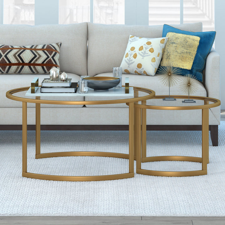 Kahoka 36" Glass And Steel Round Nested Coffee Tables Willa Arlo™ Interiors Table Base Color: Brass
