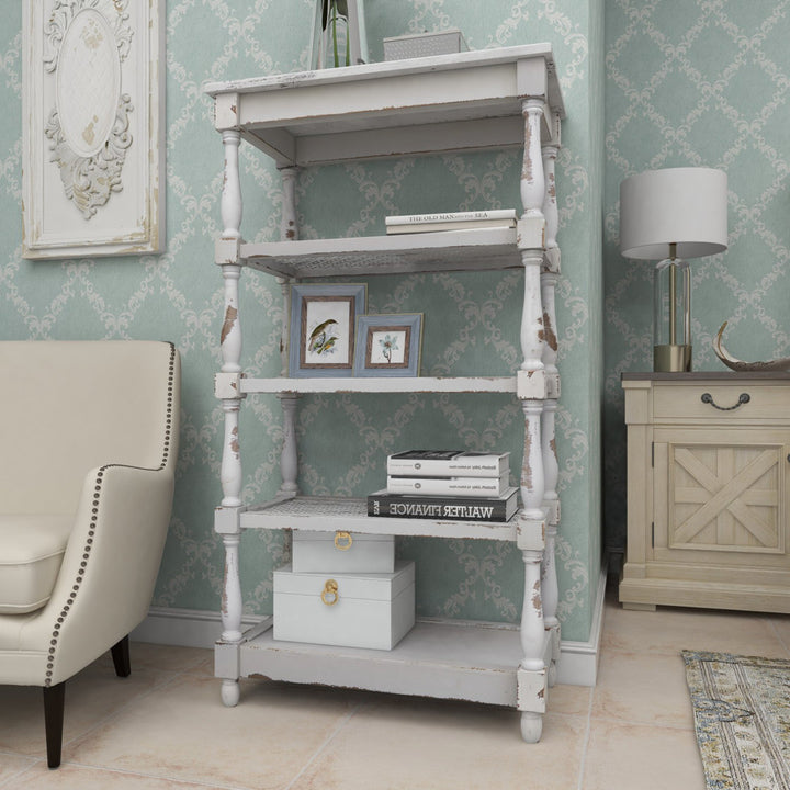 Adella White Wood Distressed Open 5 Shelf Shelving Unit with Spindle Sides and Mesh Kelly Clarkson Home